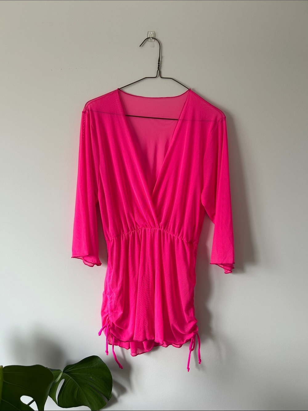 Bright Hot Pink V-Neck Sheer Swimsuit Cover Up
